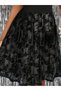 Women's Black Short Sleeve Crew Neck Tulle Detailed Floral Patterned Flared Evening Dress Midi Dress - 4