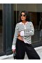 Women's Pink Zippered Striped Polo Collar Premium Knitwear Sweater - 9