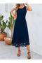 Women's Navy Blue Hem Laser Cut Floral Patterned Sleeveless Midi Length Imported Crepe Dress - 4