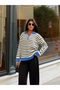 Women's Blue Zippered Striped Polo Collar Premium Knitwear Sweater - 6