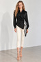 Women's Black Satin Double Breasted Collar Shawl Tie Detailed Asymmetrical Long Sleeve Shirt Blouse - 6