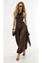 Women's Brown Satin Two-Piece Set - Low-Cut Sleeveless Blouse with Waist Belt and Loose Trousers - 2