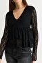Women's Black V-Neck Flounce Lined Lace Blouse 569 60286495 - 6