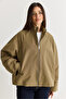 Women's Khaki Oversize Stand Collar Zippered Raglan Sleeve A-Line Short Trench Coat 2100 60286511