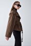 Oversized Short Trench Coat with Stand Collar and Epaulet Detail Brown 6934 - 6
