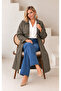 Women's Plus Size Adjustable Waist Lace Detailed Lined Oversize Trench Coat Jacket 29010 - 2
