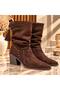 Women's Brown Suede Pointed Toe Boots with Drawstring and Tassel Detail on the Back - 4