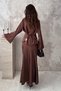 Women's Brown Satin V-Neck Long Sleeve Blouse Skirt Two-Piece Set - 5