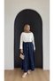 Women's Long Denim Jeans Skirt with Elastic Waist, Lace-Up, Pockets, Front Button Detail - 2