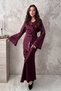 Women's Plum Satin V-Neck Long Sleeve Blouse Skirt Two-Piece Set