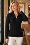 Women's Polo V-Neck Long Sleeve Low-Cut Hair Braided Ribbed Special Design Black Knitwear Sweater - 6