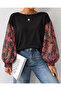 Floral patterned chiffon sleeve black knitwear - 2