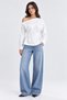 White Boat Neck Long Sleeve Tshirt with Pleated Detail at the Waist - 2