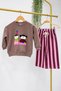 Girl's Cotton Suzeen Kids Embroidered Brown Sweatshirt and Pink Striped Sweatpants Set - 3