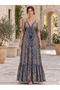 Saks Blue Shawl Patterned Silk Dress with Back Cutout and Tie Detail