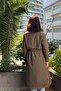 Women's Khaki Green Hooded Long Winter Coat with Fur Inside and Drawstring Waist |   Zippered Hijab Coat Parka - 7