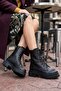 Catty Black Leather (5 cm Sole) Zippered Lace-Up Thick Soled Women's Daily Boots - 3