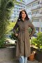 Women's Khaki Green Hooded Long Winter Coat with Fur Inside and Drawstring Waist |   Zippered Hijab Coat Parka - 5