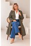 Women's Plus Size Double Breasted Collar Bondit Fabric Belt Detailed Lined Oversize Trench Coat Jacket 29011