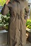 Women's Khaki Green Hooded Long Winter Coat with Fur Inside and Drawstring Waist |   Zippered Hijab Coat Parka - 3