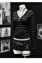 V-Neck Gray Black Striped Italian Style Long Sleeve Blouse - 2