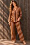 Belmando Woven Brown Tan Striped Buttoned Shirt Collar Long Sleeve Pajama Set - 2