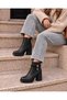 Women's Black Thick Heeled Zippered Daily Stylish Boots with Rope Detail