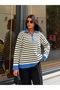 Women's Polo Collar Zippered Striped Knit Sweater - 3