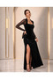 Women's Velvet Long Evening Dress Square Neck Tulle Detailed Slit Stylish Evening Dress - 3