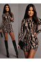 Women's long sleeve crew neck ruched patterned short modal dress