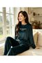 Women's Green Color Velvet Pajama Set Soft Textured Long Sleeve Crew Neck Sleepwear Set - 2
