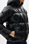 Leather Look Hooded Zippered Inflatable Women's Coat - 3