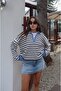 Blue Combined Striped Sweater with Zipper Collar
