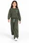 Girl's Khaki Floral Embroidered White Ribbed Wide-Leg Sweatpants Set - 5