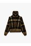 High Collar Long Sleeve Plaid Patterned Zippered Knitwear Cardigan - 2
