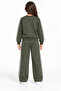 Girl's Khaki Floral Embroidered White Ribbed Wide-Leg Sweatpants Set - 2