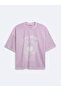 Relaxed Fit Faded Fabric Lilac T-Shirt with Print Detail - 4