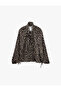 Long Sleeve Oversize Scarf Collar Bambi Printed Satin Shirt with Zipper