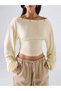 Metal Detailed Boat Neck Draped Long Sleeve Crop Blouse