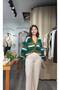 Khaki Green Striped Furry V-Neck Buttoned Knitwear Cardigan