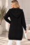 Women's No-Closure Long Sleeve Hooded Diamond Patterned Stripe Detailed Elegant Relaxed Fit Soft Textured Daily Black Knitwear Cardigan - 3