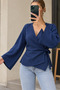 Double-Breasted Cut, Navy Blue Blouse with Tie Detail - 2