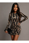 Women's long sleeve crew neck ruched patterned short modal dress - 4