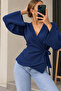 Double-Breasted Cut, Navy Blue Blouse with Tie Detail