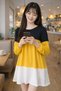 Women's Round Neck Long Sleeve Contrast Panel Detailed Stylish Loose Casual Black Yellow Dress - 6