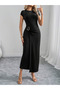 Women's Half Moon Sleeve Round Neck Front Buckle Detail Modal Maxi Dress - 3