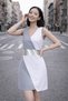 Women's Double Breasted Collar Sleeveless Geometric Patterned Waist Detailed Above Knee Stylish Casual Gray Dress
