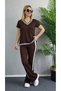 Women's Coffee Color V-Neck Short Sleeve Side Striped Spanish Flare Pants Two-Piece Tracksuit Set - 2