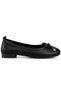 Women's Black Genuine Leather Ballerina Shoes with Bow Detail, Round Toe, Daily Comfortable Ballerinas - 2