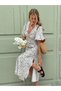 Women's White Crispy Floral Patterned V-Neck Slit Detailed Short Sleeve Midi Length Dress